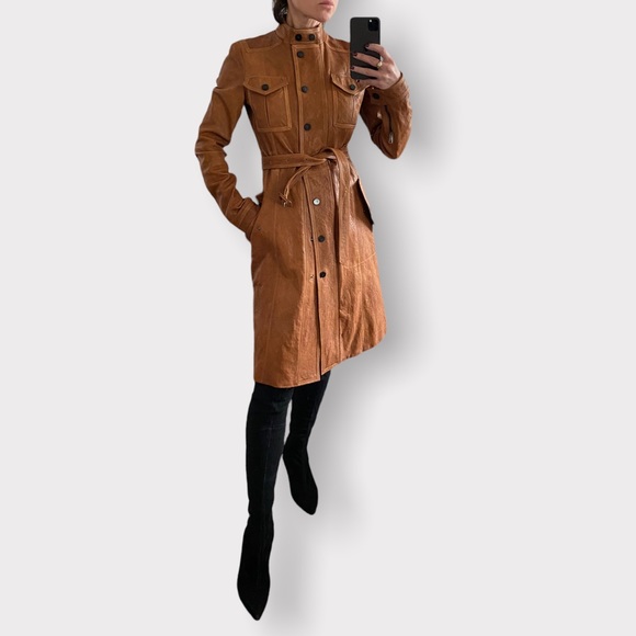 Burberry Jackets & Blazers - Burberry cognac tan 100% leather trench coat jacket S XS 38